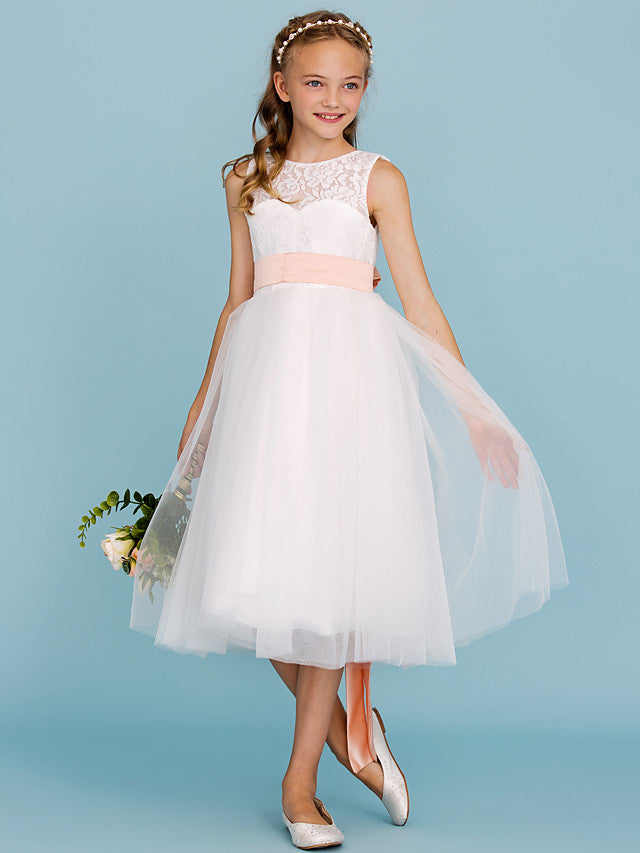 A-Line Crew Neck Tea Length Lace & Tulle Junior Bridesmaid Dress w/ Sash Ribbon Pleats for Weddings & Parties Open Back & See Through Design-BallBride