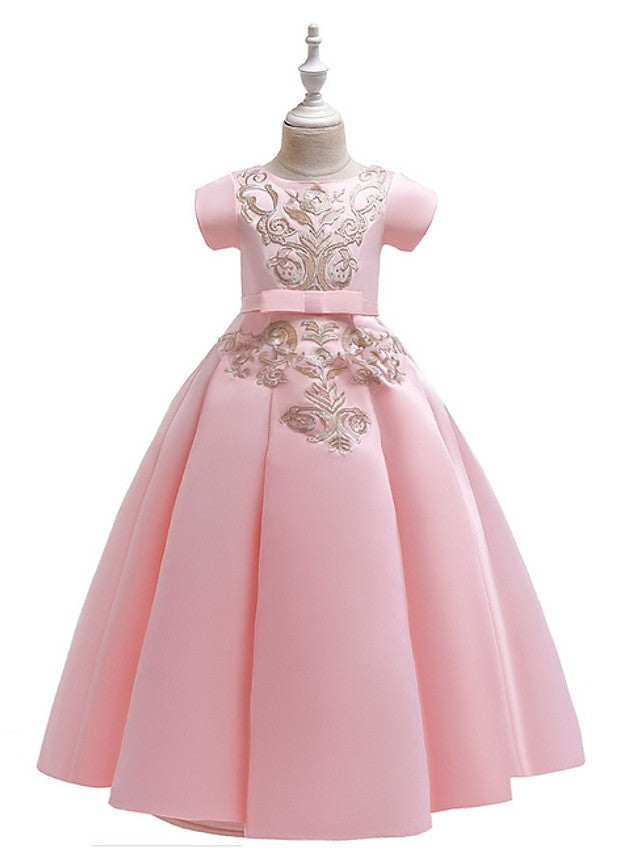A-Line Flower Girl Dress with Short Sleeves and Bow Appliques - Floor Length-BallBride