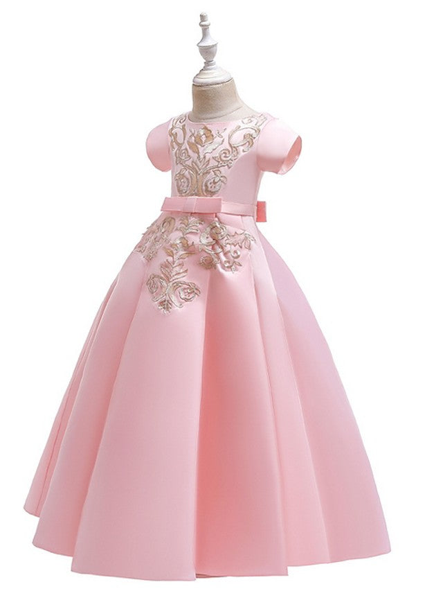 A-Line Flower Girl Dress with Short Sleeves and Bow Appliques - Floor Length-BallBride