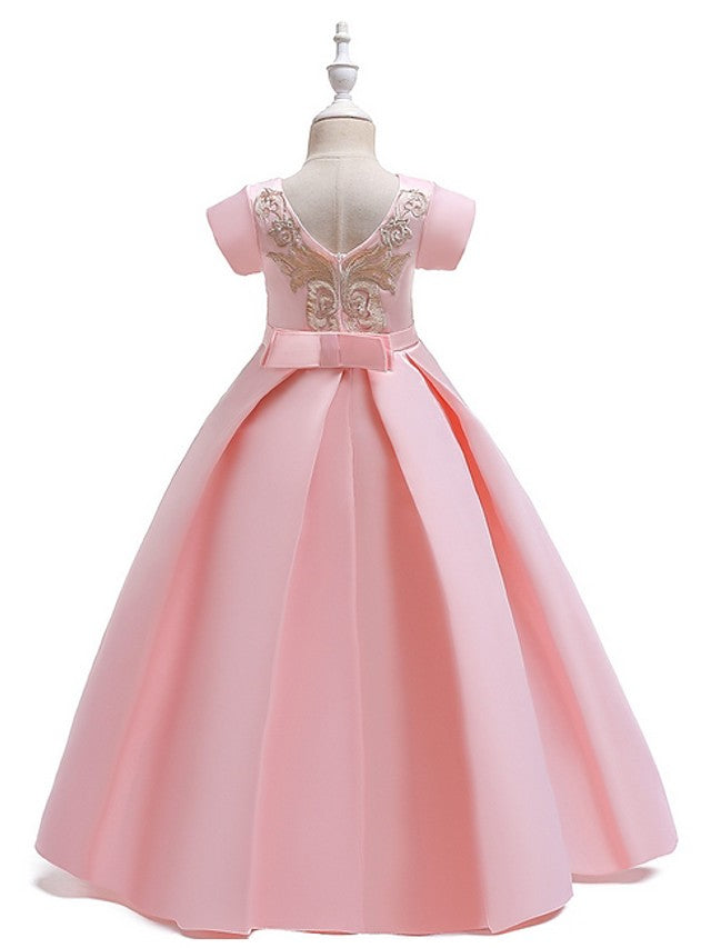 A-Line Flower Girl Dress with Short Sleeves and Bow Appliques - Floor Length-BallBride