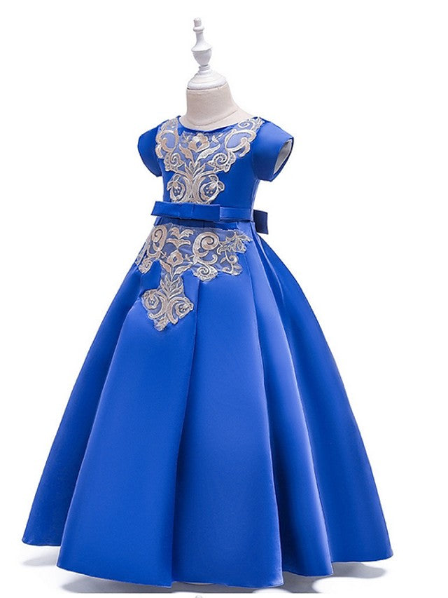 A-Line Flower Girl Dress with Short Sleeves and Bow Appliques - Floor Length-BallBride