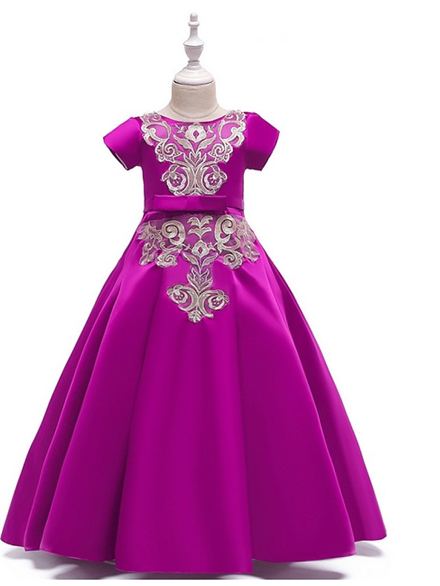 A-Line Flower Girl Dress with Short Sleeves and Bow Appliques - Floor Length-BallBride