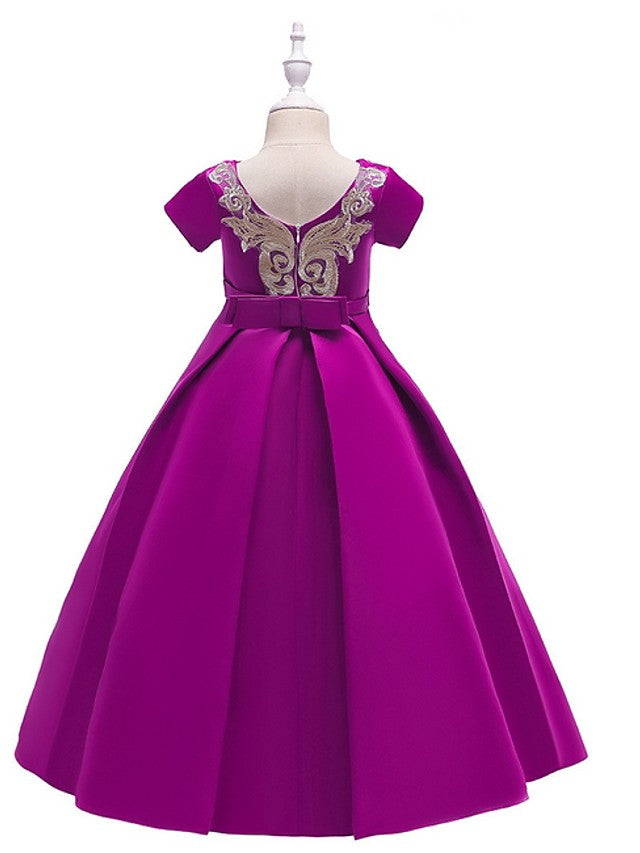 A-Line Flower Girl Dress with Short Sleeves and Bow Appliques - Floor Length-BallBride