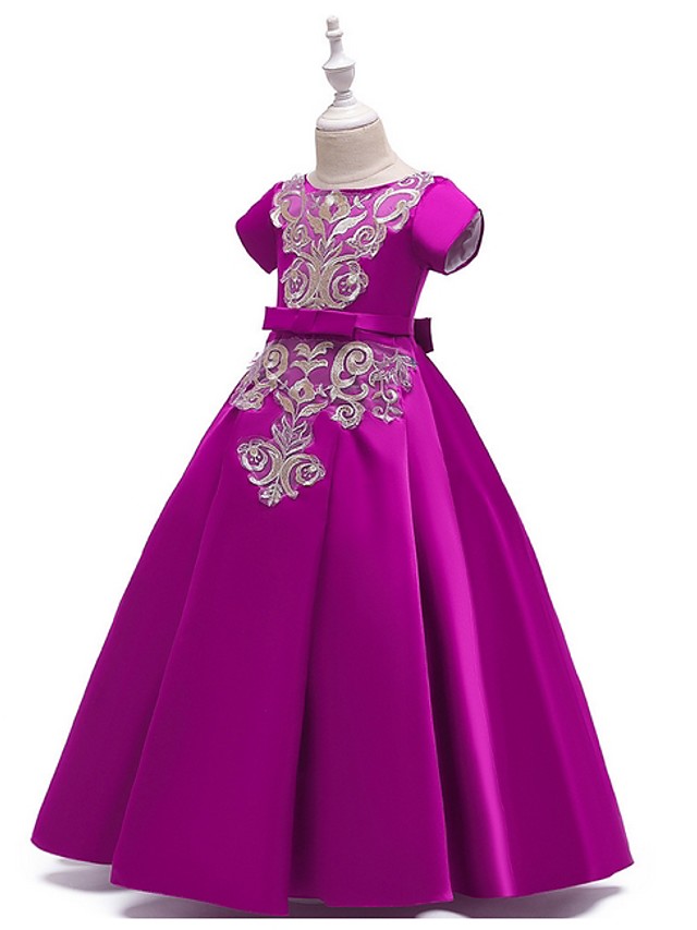 A-Line Flower Girl Dress with Short Sleeves and Bow Appliques - Floor Length-BallBride