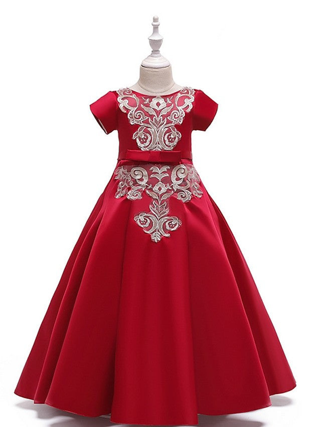 A-Line Flower Girl Dress with Short Sleeves and Bow Appliques - Floor Length-BallBride
