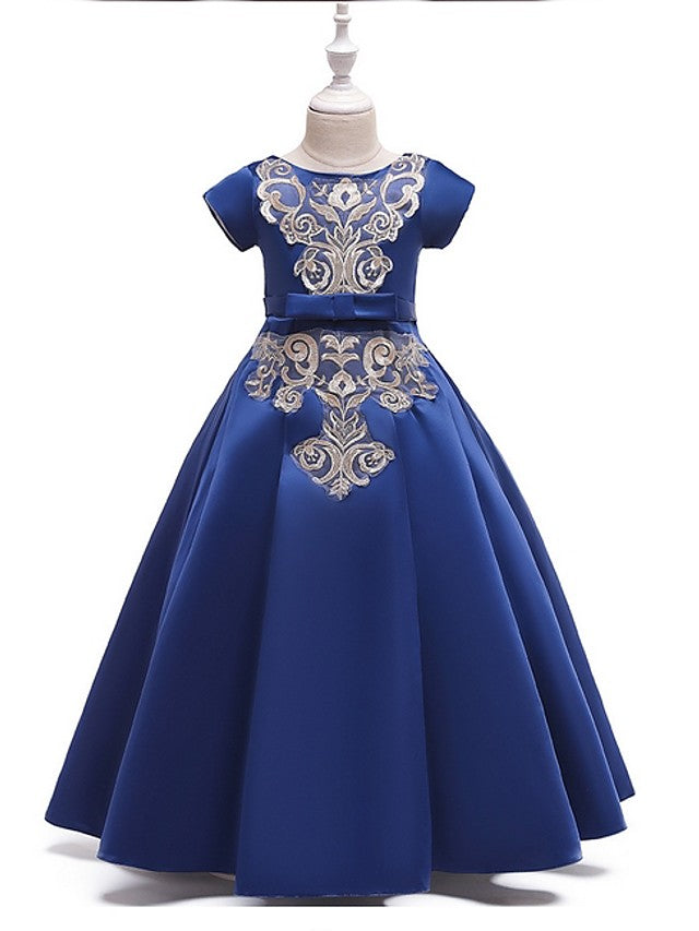 A-Line Flower Girl Dress with Short Sleeves and Bow Appliques - Floor Length-BallBride