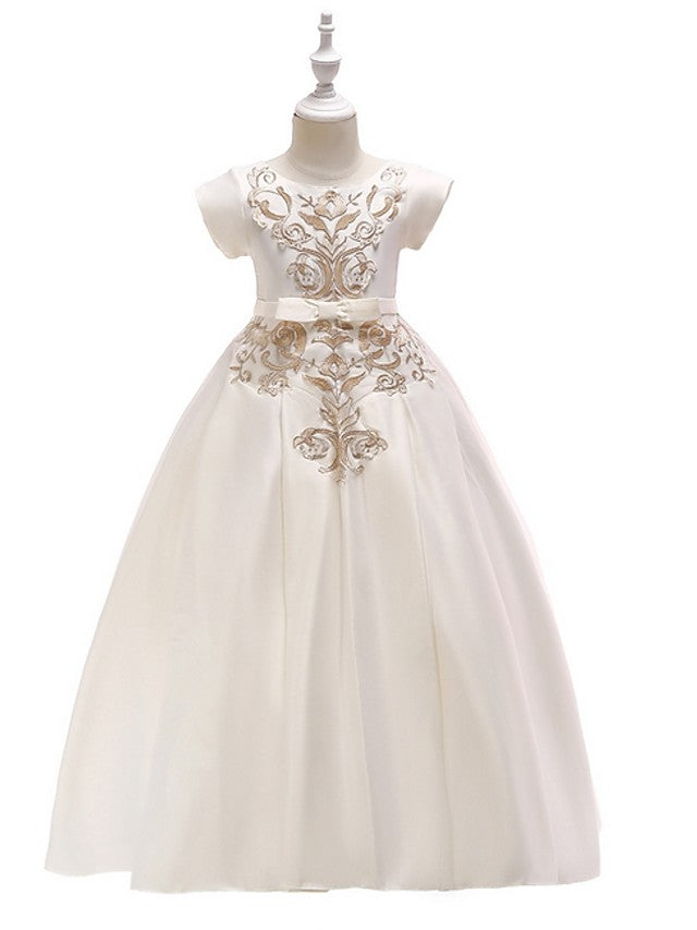 A-Line Flower Girl Dress with Short Sleeves and Bow Appliques - Floor Length-BallBride