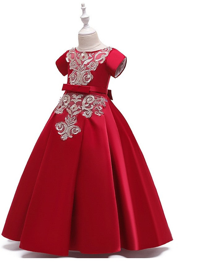 A-Line Flower Girl Dress with Short Sleeves and Bow Appliques - Floor Length-BallBride