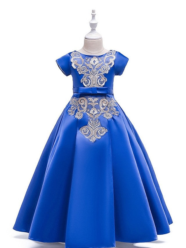 A-Line Flower Girl Dress with Short Sleeves and Bow Appliques - Floor Length-BallBride