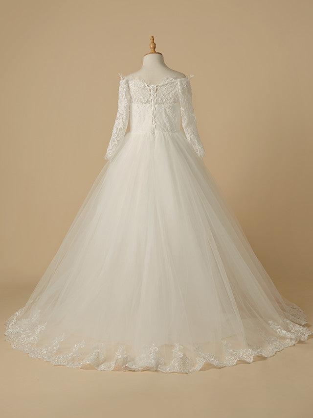 A-Line Half Sleeve Bateau Neck Flower Girl Dress with Beaded Lace Tulle Appliques-BallBride