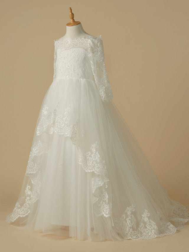A-Line Half Sleeve Bateau Neck Flower Girl Dress with Beaded Lace Tulle Appliques-BallBride
