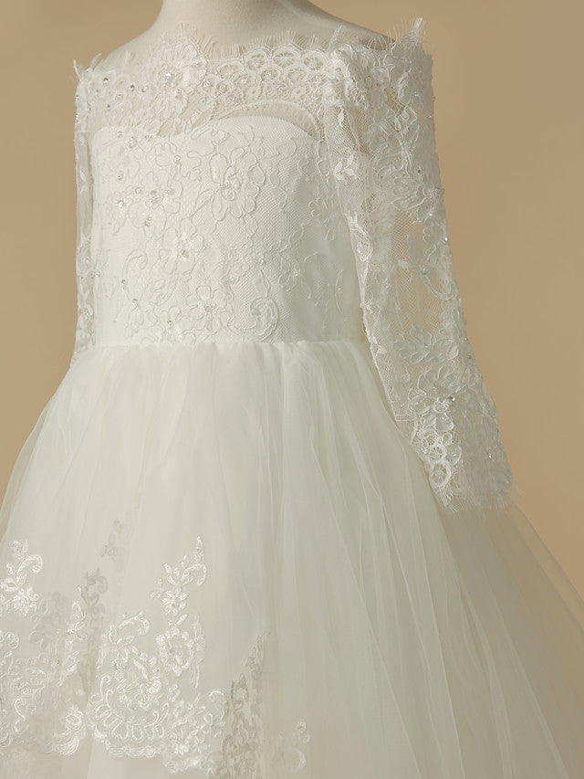 A-Line Half Sleeve Bateau Neck Flower Girl Dress with Beaded Lace Tulle Appliques-BallBride
