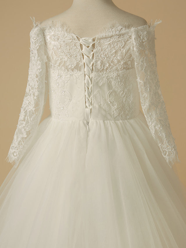 A-Line Half Sleeve Bateau Neck Flower Girl Dress with Beaded Lace Tulle Appliques-BallBride