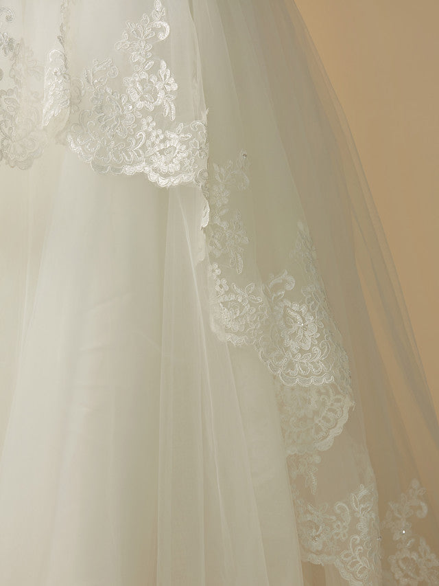 A-Line Half Sleeve Bateau Neck Flower Girl Dress with Beaded Lace Tulle Appliques-BallBride