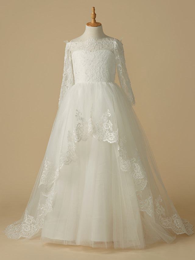 A-Line Half Sleeve Bateau Neck Flower Girl Dress with Beaded Lace Tulle Appliques-BallBride