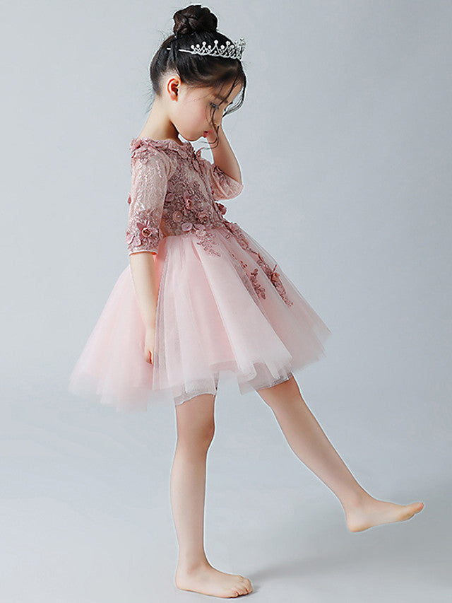 A-Line Half Sleeve Jewel Neck Flower Girl Dress with Tulle Appliques-BallBride