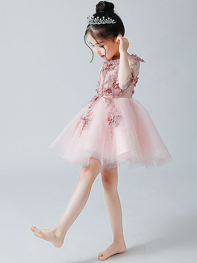 A-Line Half Sleeve Jewel Neck Flower Girl Dress with Tulle Appliques-BallBride