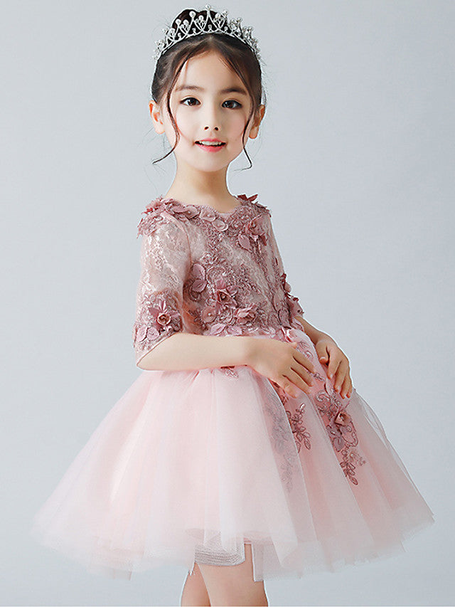 A-Line Half Sleeve Jewel Neck Flower Girl Dress with Tulle Appliques-BallBride