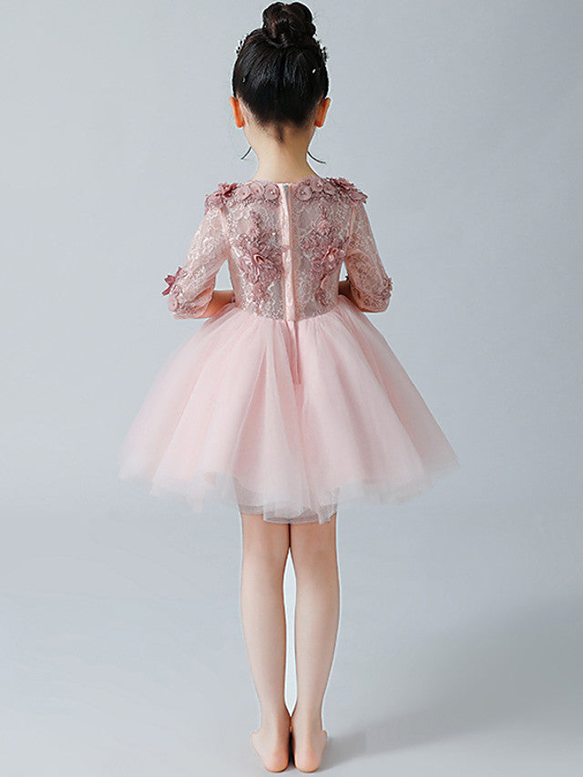 A-Line Half Sleeve Jewel Neck Flower Girl Dress with Tulle Appliques-BallBride