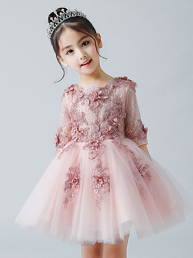 A-Line Half Sleeve Jewel Neck Flower Girl Dress with Tulle Appliques-BallBride