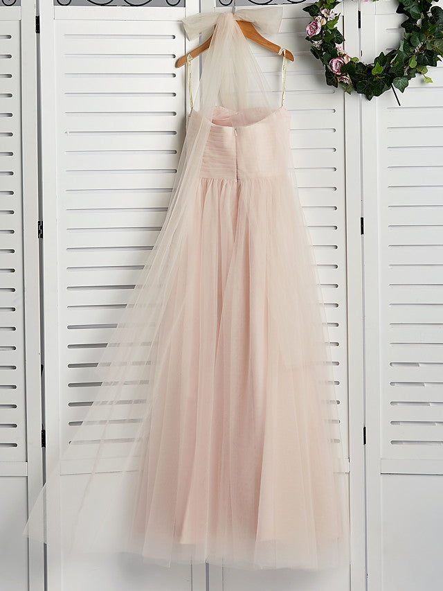A-Line Halter Neck Floor Length Tulle Junior Bridesmaid Dress with Ruching-BallBride