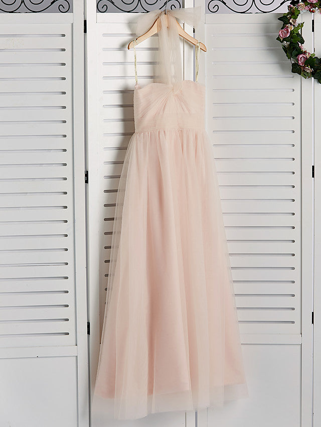 A-Line Halter Neck Floor Length Tulle Junior Bridesmaid Dress with Ruching-BallBride