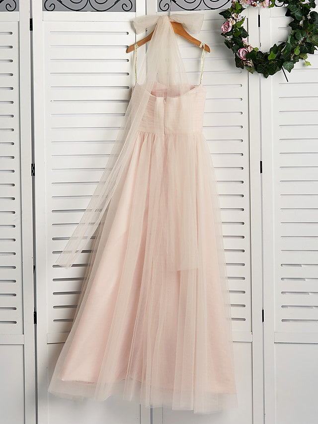 A-Line Halter Neck Floor Length Tulle Junior Bridesmaid Dress with Ruching-BallBride