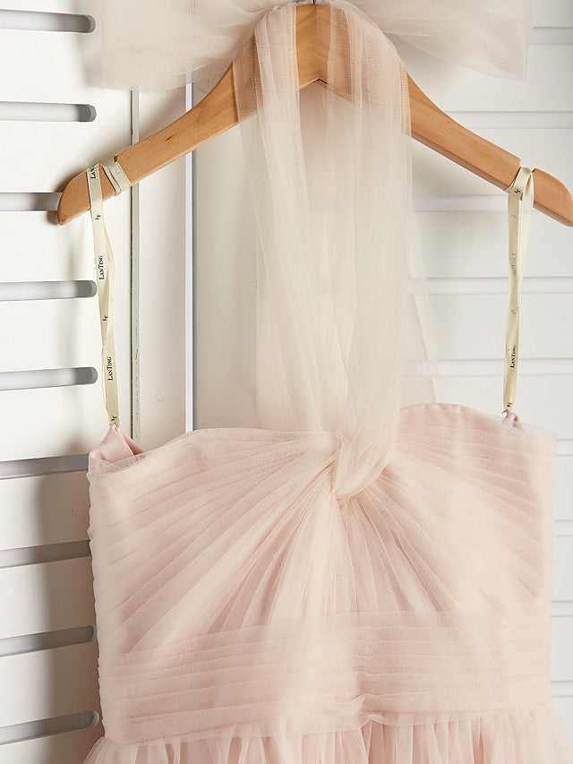 A-Line Halter Neck Floor Length Tulle Junior Bridesmaid Dress with Ruching-BallBride