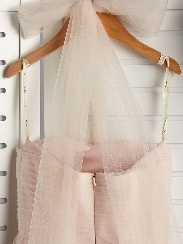 A-Line Halter Neck Floor Length Tulle Junior Bridesmaid Dress with Ruching-BallBride