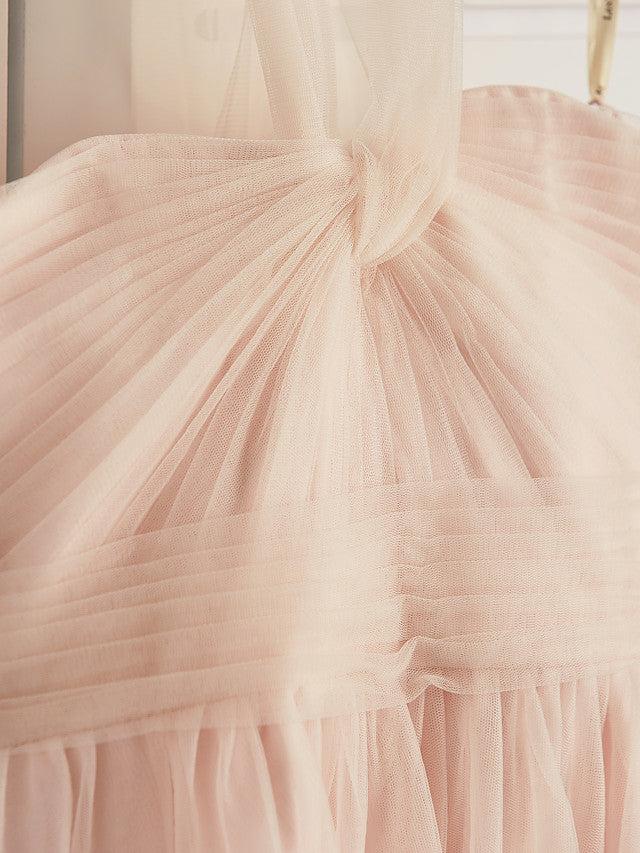 A-Line Halter Neck Floor Length Tulle Junior Bridesmaid Dress with Ruching-BallBride