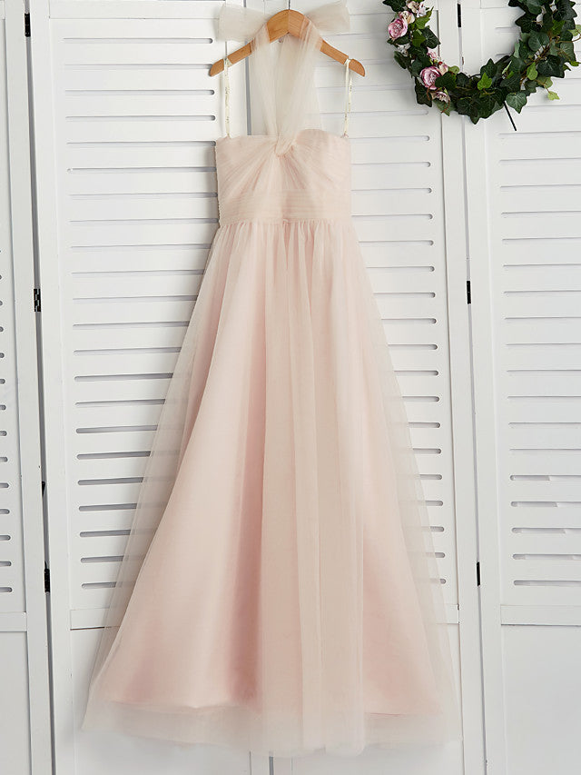 A-Line Halter Neck Floor Length Tulle Junior Bridesmaid Dress with Ruching-BallBride