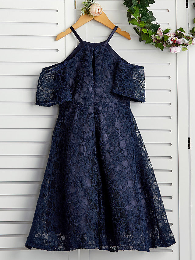 A-Line Halter Neck Lace Flower Girl Dress for Knee Length-BallBride