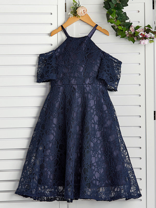 A-Line Halter Neck Lace Flower Girl Dress for Knee Length-BallBride