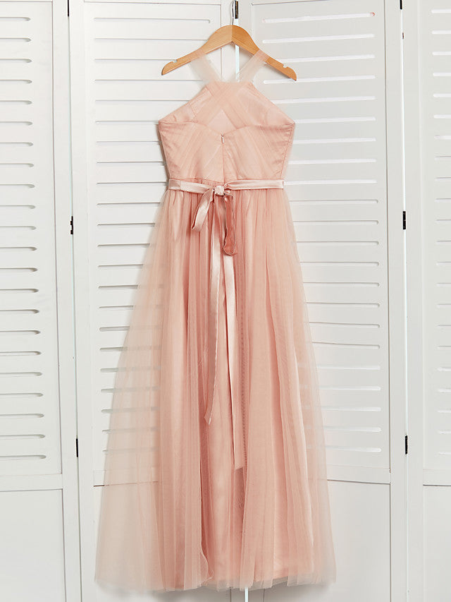 A-Line Halter Neck Maxi Tulle Bridesmaid Dress with Sash Ribbon Beading for Weddings-BallBride