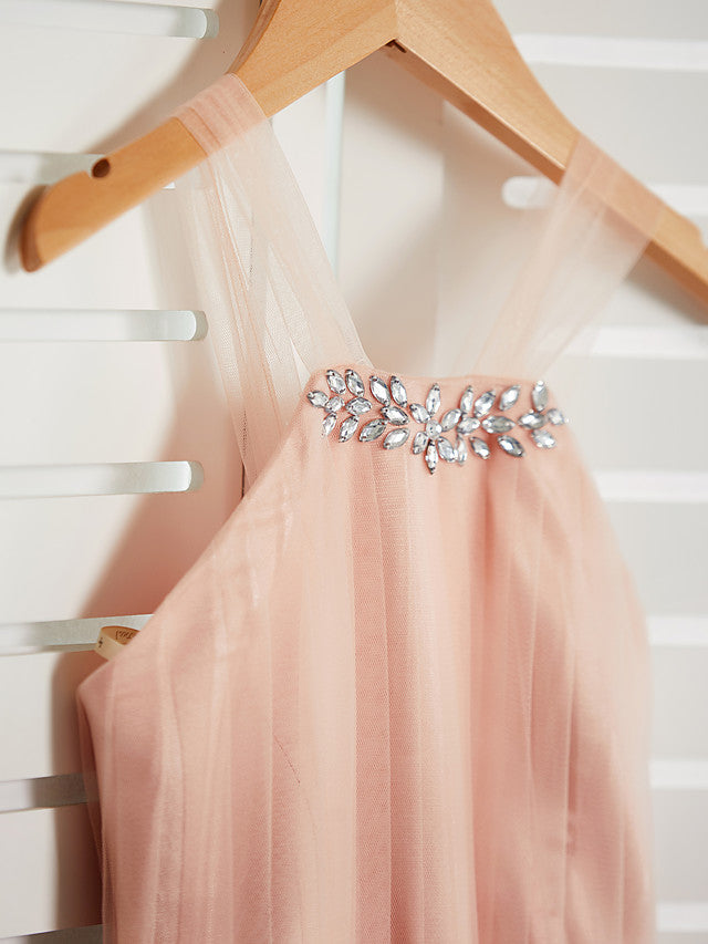 A-Line Halter Neck Maxi Tulle Bridesmaid Dress with Sash Ribbon Beading for Weddings-BallBride