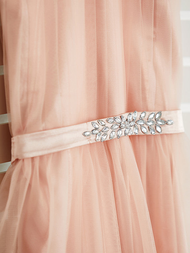 A-Line Halter Neck Maxi Tulle Bridesmaid Dress with Sash Ribbon Beading for Weddings-BallBride