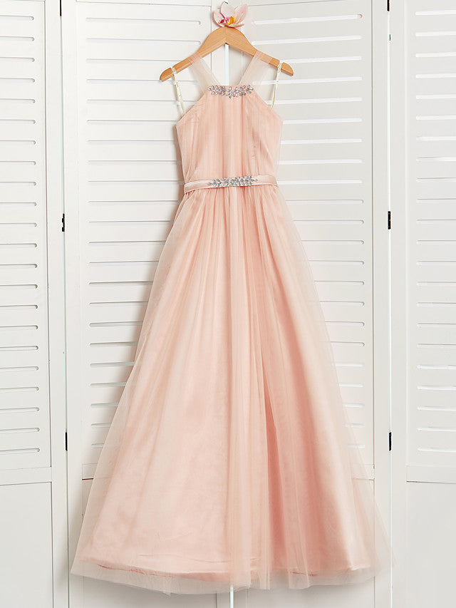 A-Line Halter Neck Maxi Tulle Bridesmaid Dress with Sash Ribbon Beading for Weddings-BallBride