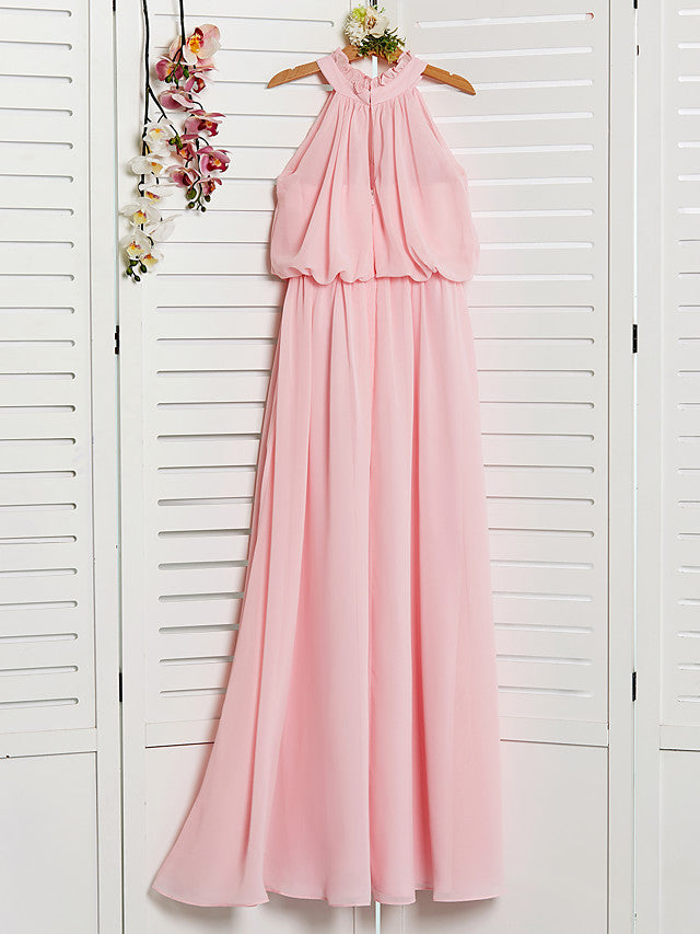 A-Line High Neck Floor Length Chiffon Junior Flower Girl Dress with Ruffles Ruching-BallBride