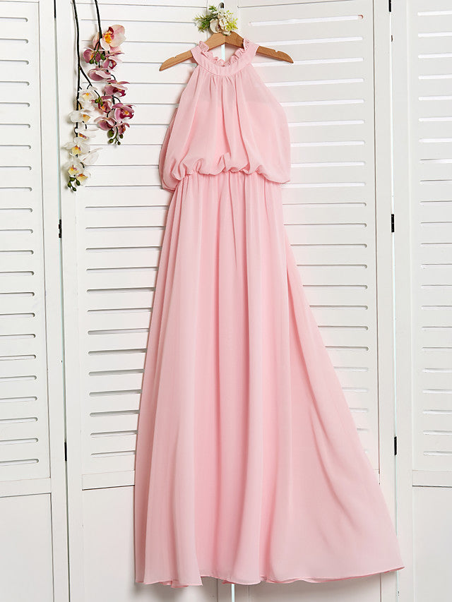 A-Line High Neck Floor Length Chiffon Junior Flower Girl Dress with Ruffles Ruching-BallBride