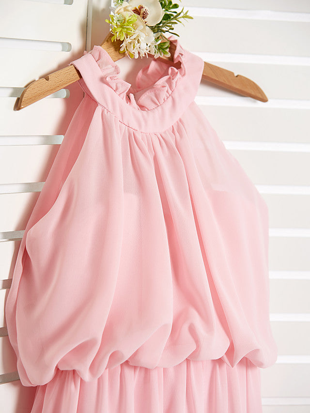 A-Line High Neck Floor Length Chiffon Junior Flower Girl Dress with Ruffles Ruching-BallBride