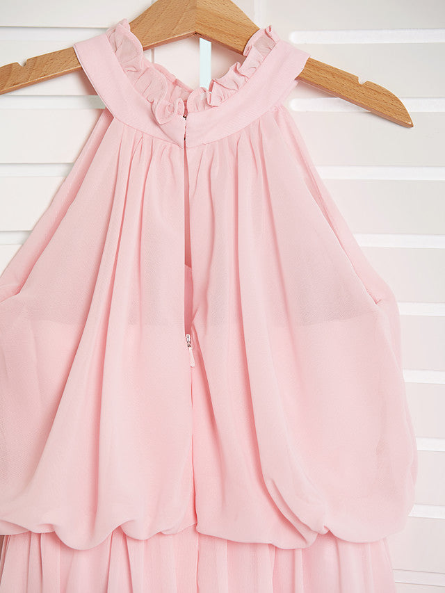 A-Line High Neck Floor Length Chiffon Junior Flower Girl Dress with Ruffles Ruching-BallBride