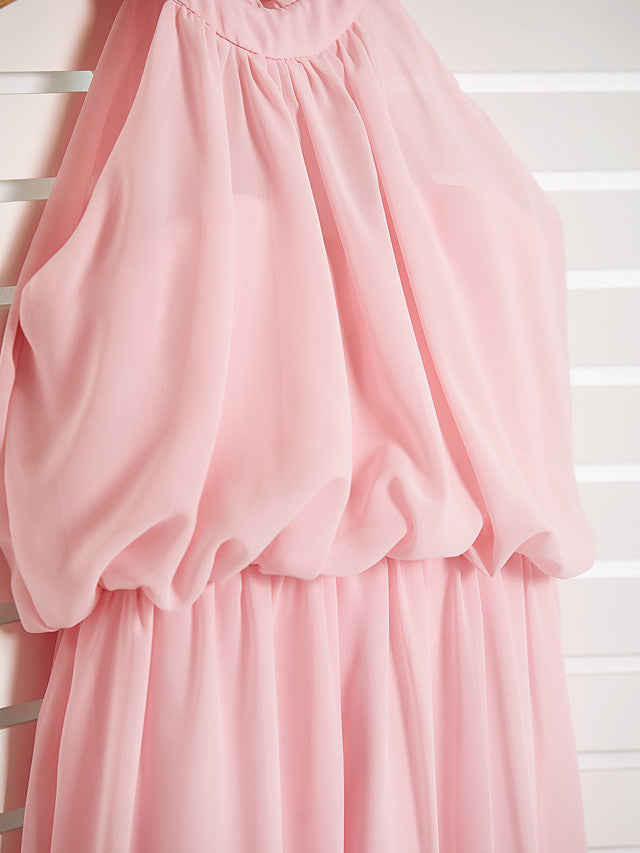 A-Line High Neck Floor Length Chiffon Junior Flower Girl Dress with Ruffles Ruching-BallBride