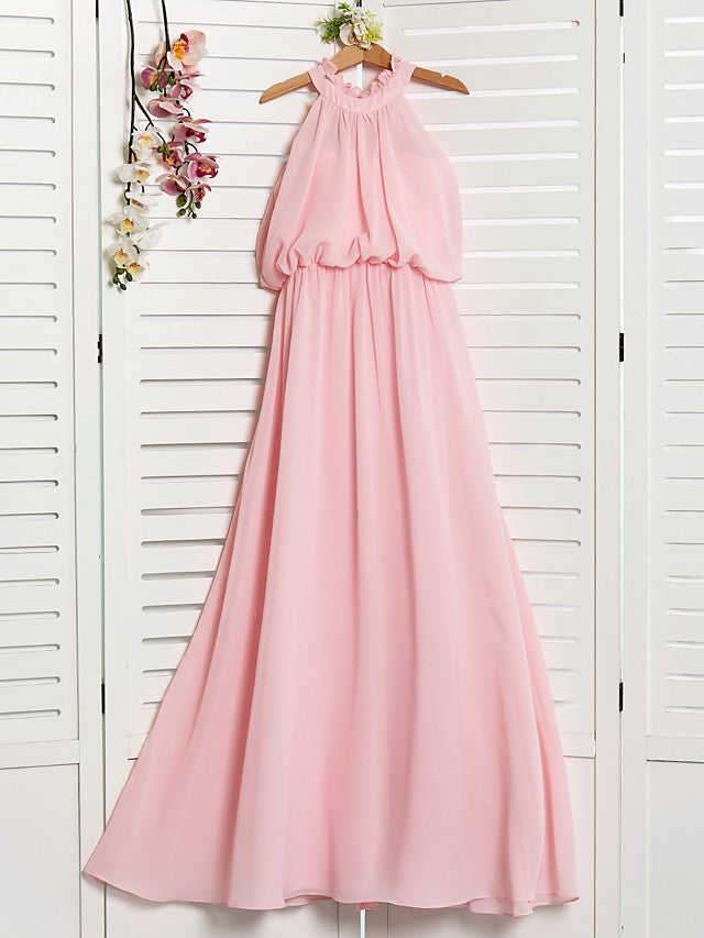 A-Line High Neck Floor Length Chiffon Junior Flower Girl Dress with Ruffles Ruching-BallBride