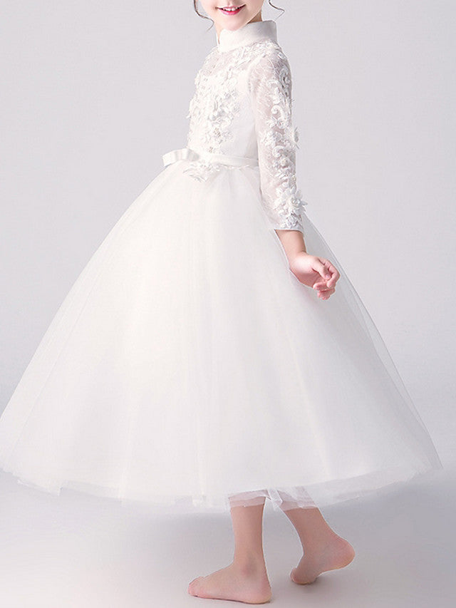 A-Line High Neck Flower Girl Dress Tulle with Bow Beading Appliques-BallBride
