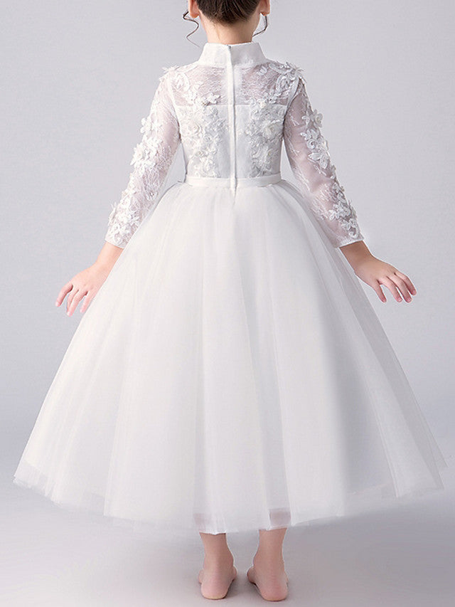 A-Line High Neck Flower Girl Dress Tulle with Bow Beading Appliques-BallBride