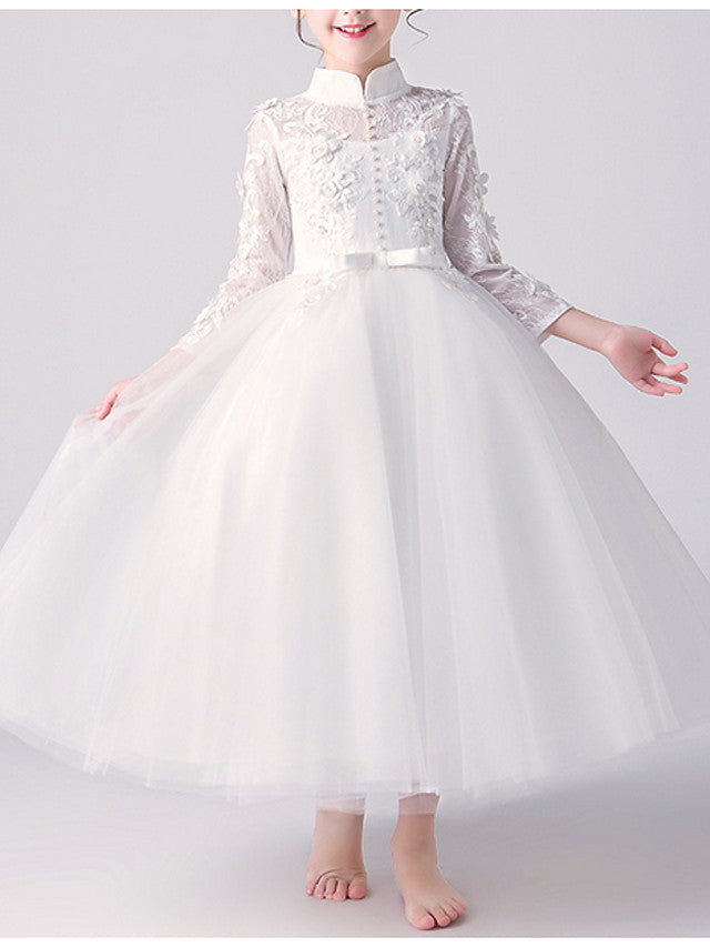 A-Line High Neck Flower Girl Dress Tulle with Bow Beading Appliques-BallBride