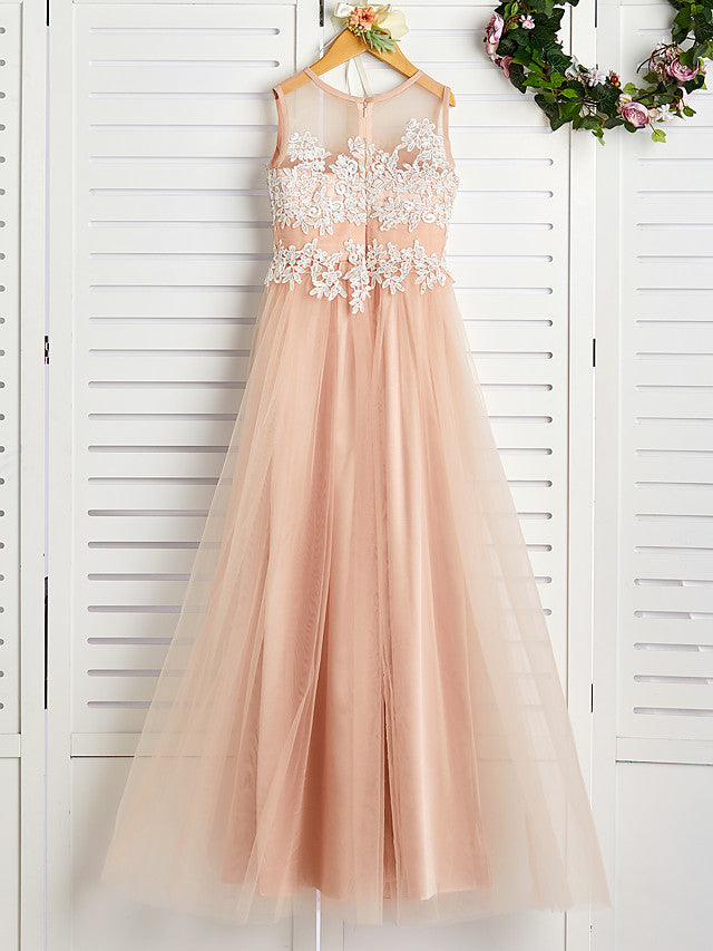 A-Line Jewel Neck Brush Train Flower Girl Dress with Lace Tulle and Appliques-BallBride