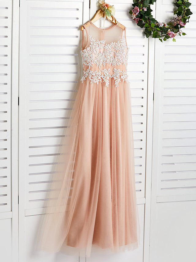 A-Line Jewel Neck Brush Train Flower Girl Dress with Lace Tulle and Appliques-BallBride