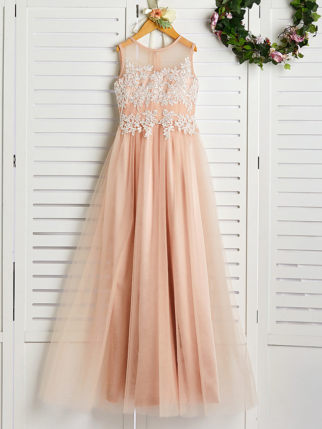 A-Line Jewel Neck Brush Train Flower Girl Dress with Lace Tulle and Appliques-BallBride