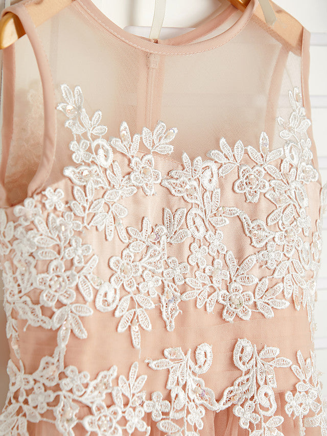 A-Line Jewel Neck Brush Train Flower Girl Dress with Lace Tulle and Appliques-BallBride